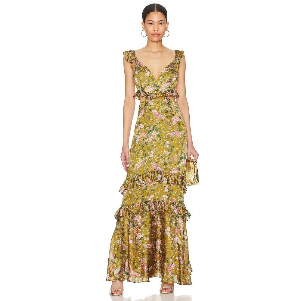 NWOT Amur Magnolia Silk Floral Cut Out Maxi Gown in Gold Butterfly Garden Size 0
